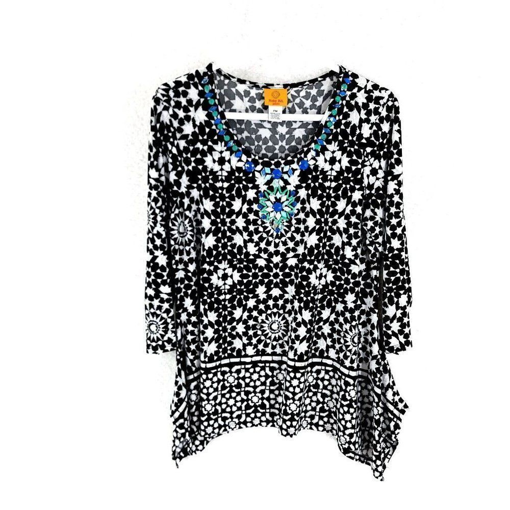 Ruby Rd. Petite PM Black White Floral Blouse W/ Blue Stones Scoop Neck 3/4 Sleev